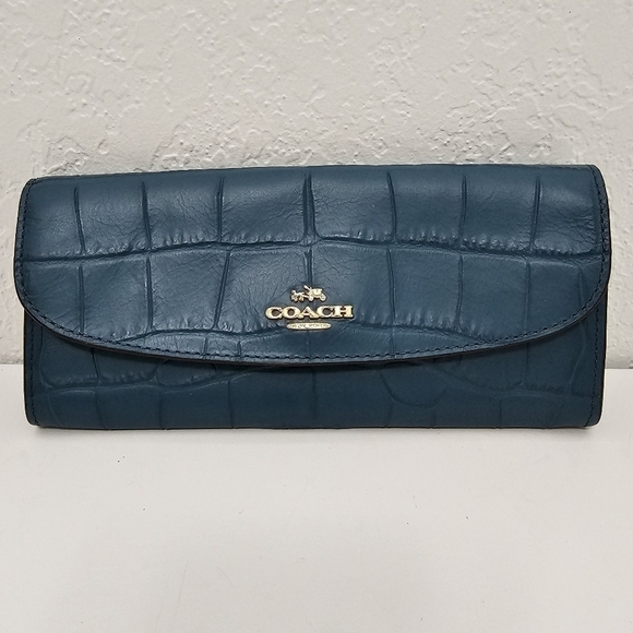 Coach Handbags - Coach Soft Slim Wallet Blue Croc Embossed Leather Long Size w/ Snap Closure